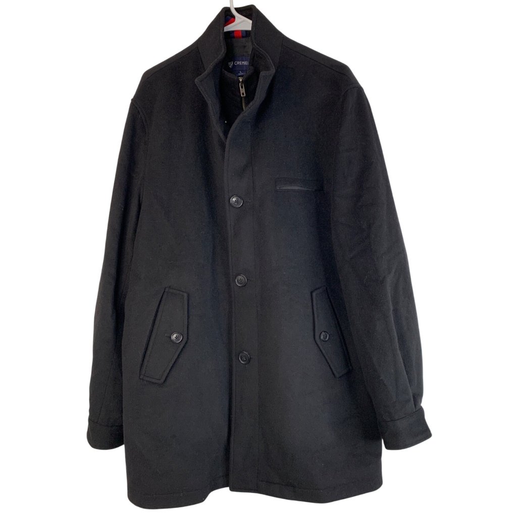 Cremieux Mens Black Wool Luxury Pea Coat Size L 38 Zip Button Winter Euc